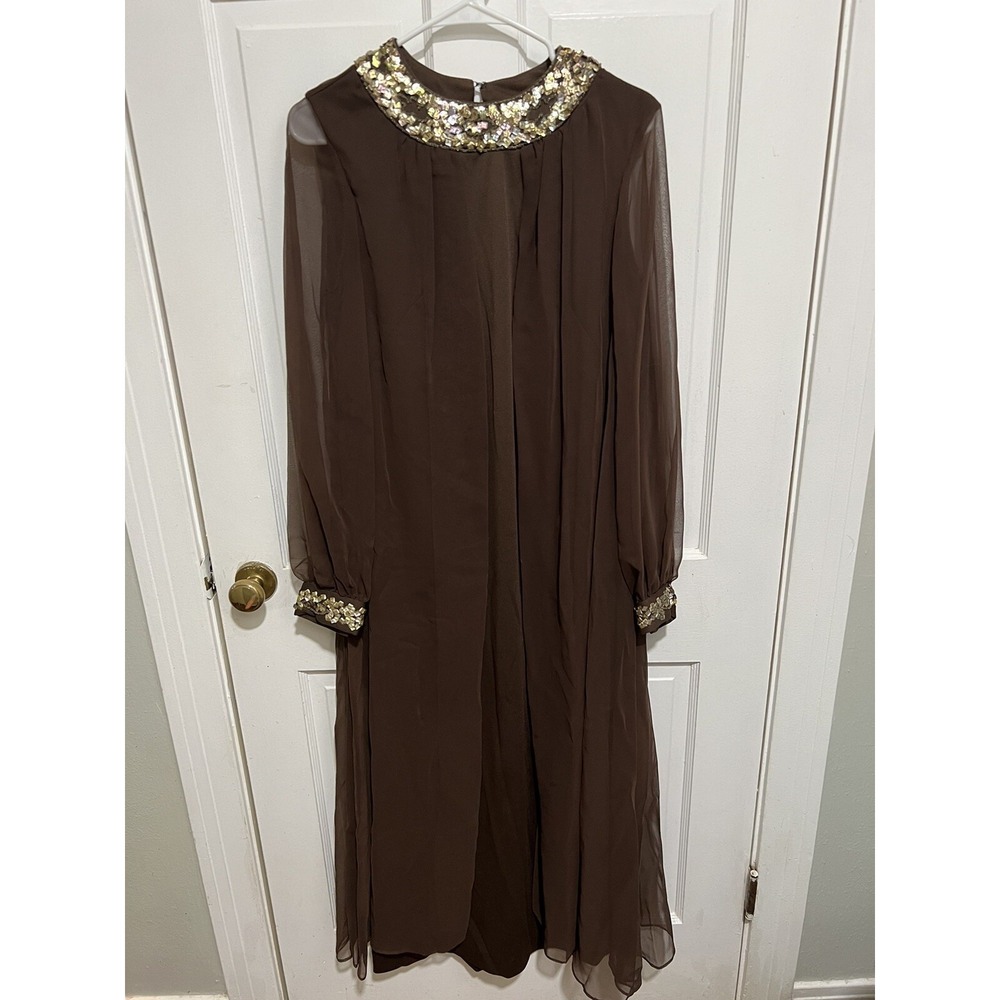 Vintage Brown Sheer Women's Dress With Sequins